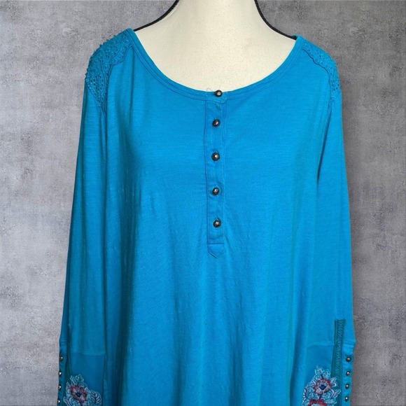 Soft Surroundings Anslie Maxi Dress Womens 1X Blue Embroidered Floral Boho Plus - Picture 2 of 10